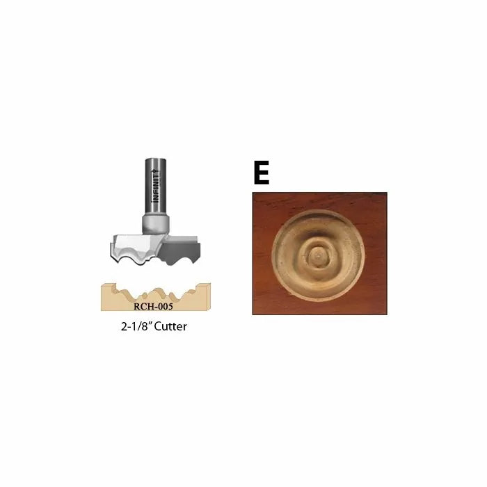 2-1/8 inch woodworking router bit with decorative rosette sample cut in wood