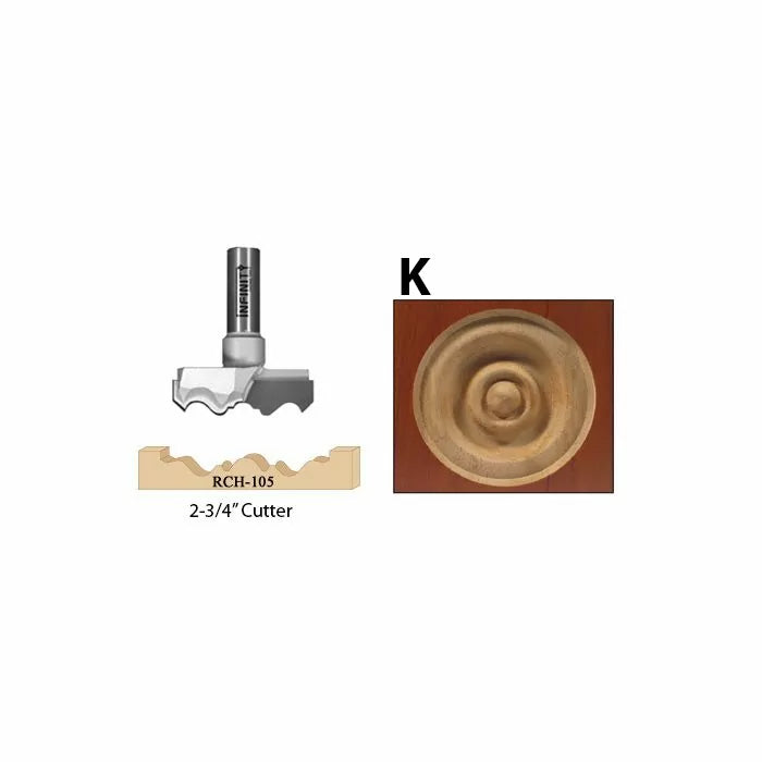 2-3/4 inch woodworking router cutter with carved rosette wood pattern example