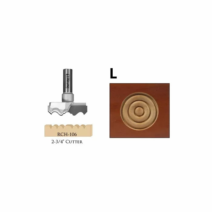 RCH-106 2-3/4 inch router bit cutter and decorative wood rosette pattern example