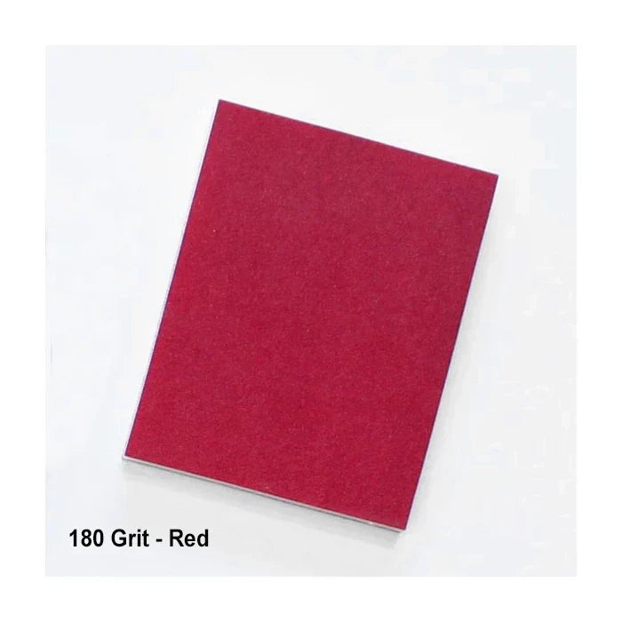 Red 180 grit sandpaper sheet for woodworking on white background