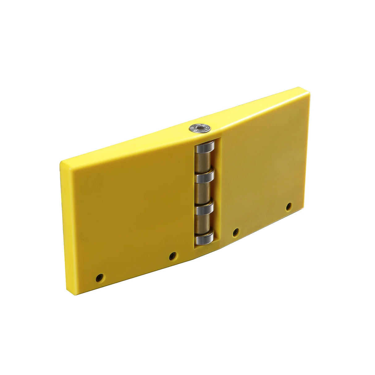 Yellow resaw featherboard for bandsaw or table saw, woodworking safety tool on white background.