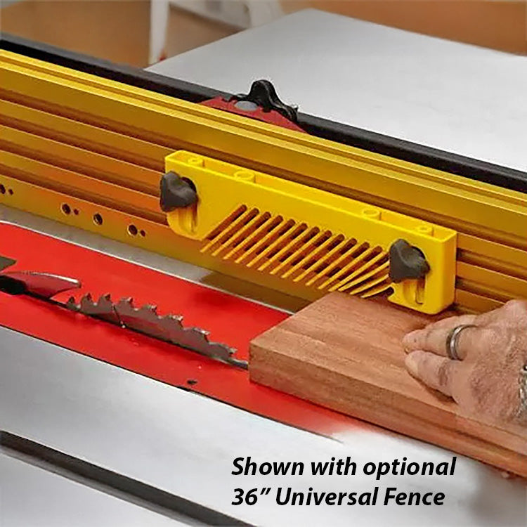 Yellow featherboard attached to a table saw fence guiding wood for safe, precise cutting
