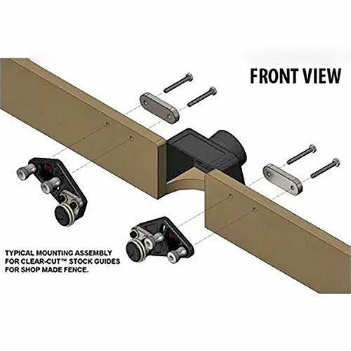 Router table fence mounting assembly with stock guides, front view, woodworking tool diagram