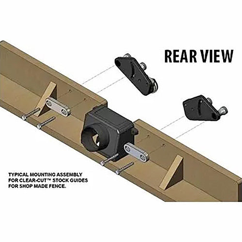 Router fence mounting assembly with stock guides for woodworking table, rear view diagram