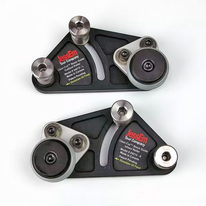 Clear-Cut stock guides for router table, precision woodworking accessories, black and silver, top view.