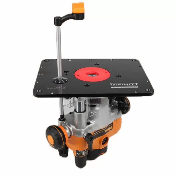 Router lift with adjustment handle and mounting plate for woodworking table setup