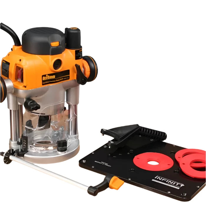 Woodworking router kit with orange router, black mounting plate, and red inserts