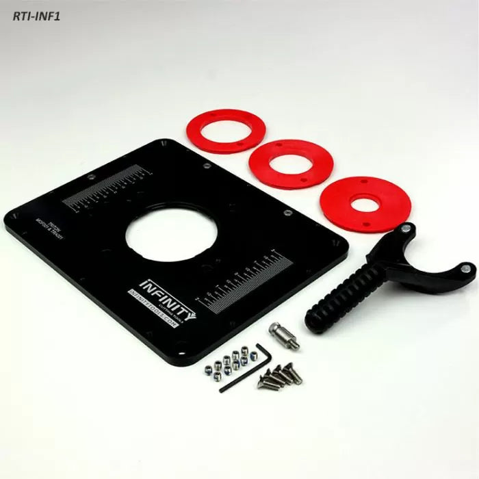 Router table insert plate kit with three red rings, handle, screws, and accessories on white background