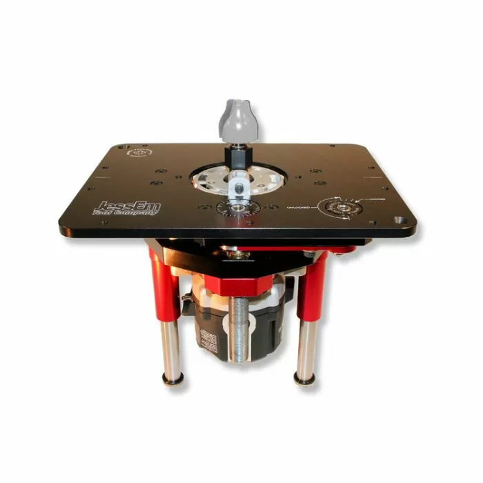 Router lift with black aluminum plate, adjustment knob, and red support legs for woodworking