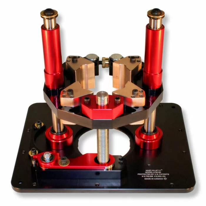 Precision woodworking router table lift system with red anodized components and sturdy base