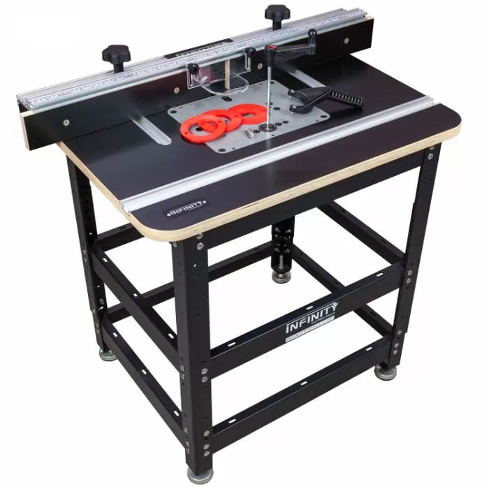 Professional router table package with fence, insert rings, and sturdy metal frame for woodworking
