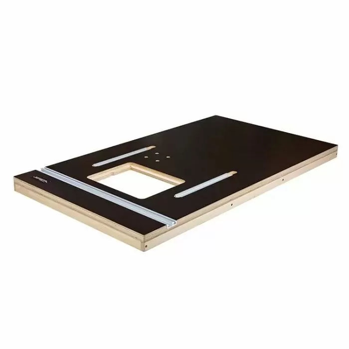 Woodworking router table top with T-tracks and insert plate opening