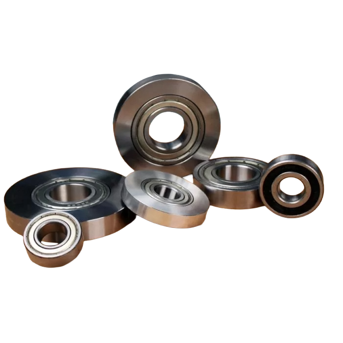 Assorted steel ball bearings for woodworking tools on white background