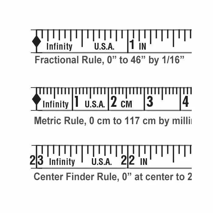 Three precision woodworking rulers: fractional, metric, and center finder, with clear markings.