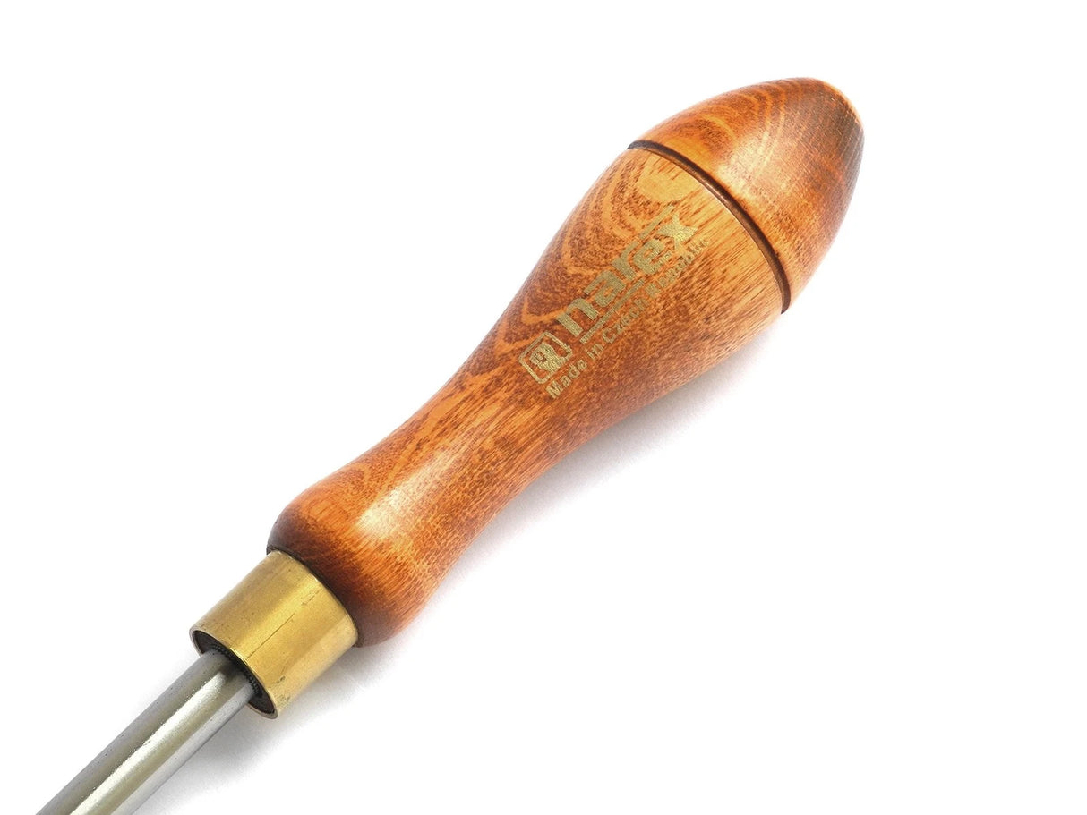 Close-up of the Narex burnisher's turned wooden handle and brass ferrule on a white background
