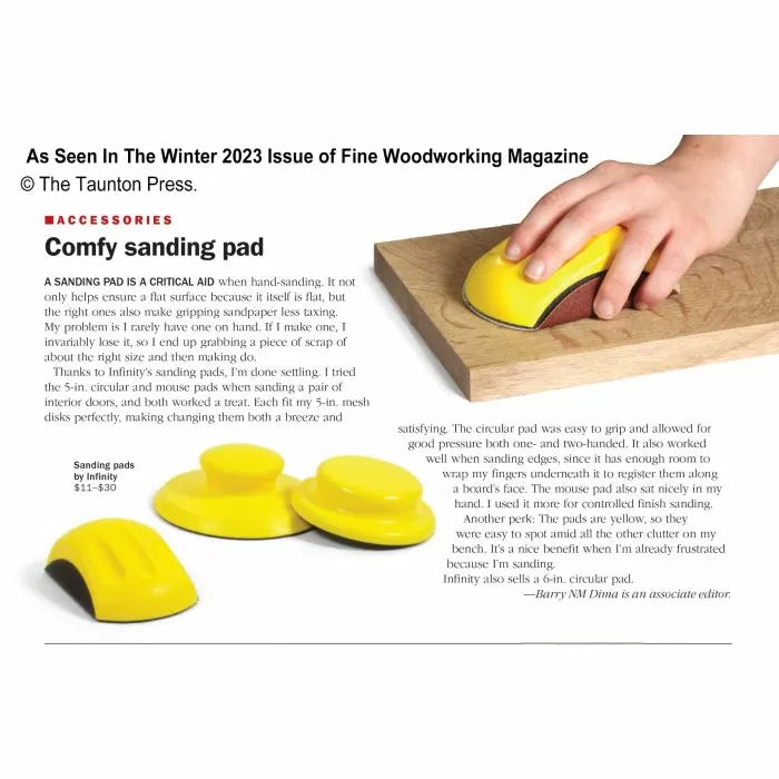 Yellow sanding pads for woodworking, one in use on a wood block, ergonomic design shown.