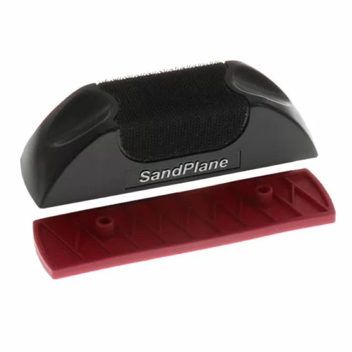 SandPlane sanding tool with detachable red sanding attachment for woodworking