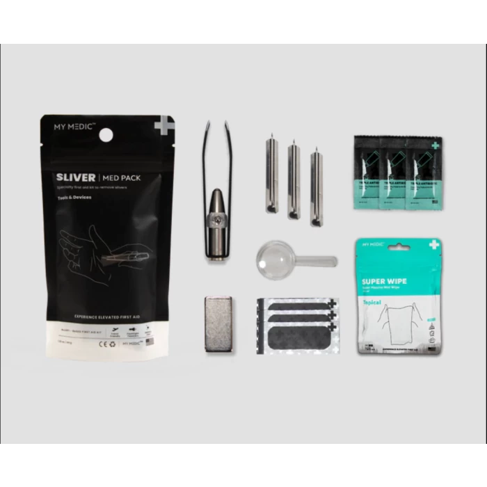 First aid sliver removal kit with tweezers, wipes, and precision tools on gray background
