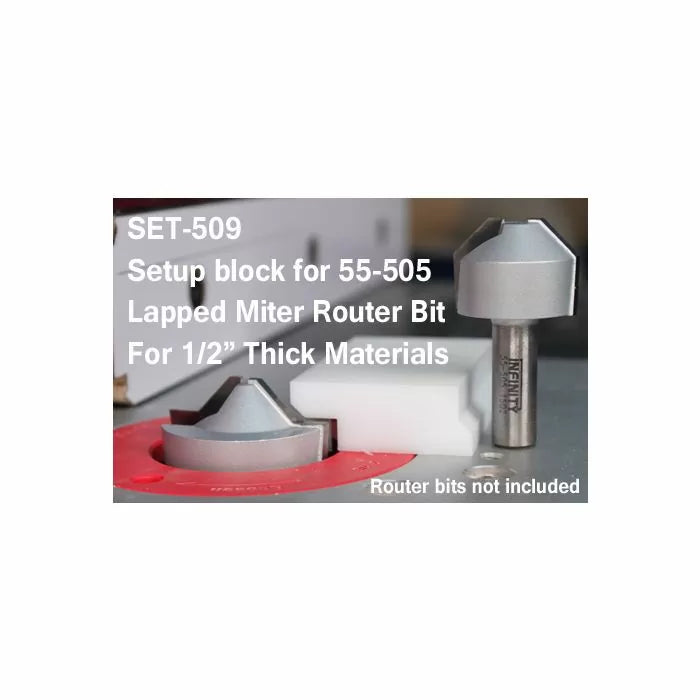 Setup block for 55-505 lapped miter router bit with two metal router bits and white block