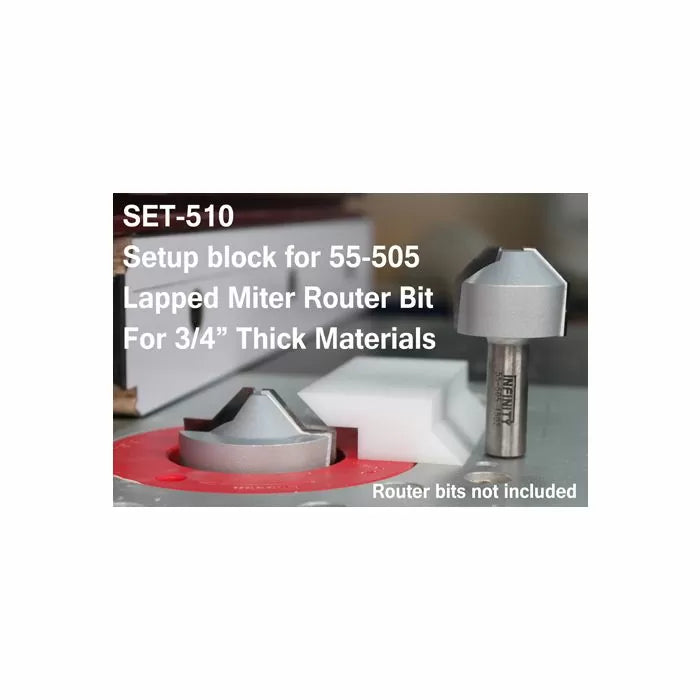 Setup block for lapped miter router bit with two metal bits and a white block for woodworking.