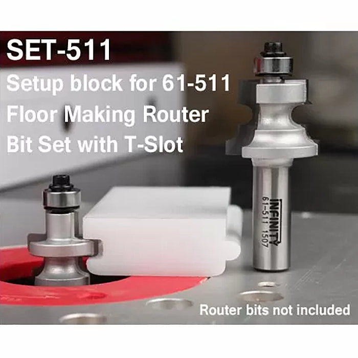 Router setup block with T-slot and two floor making router bits on a table