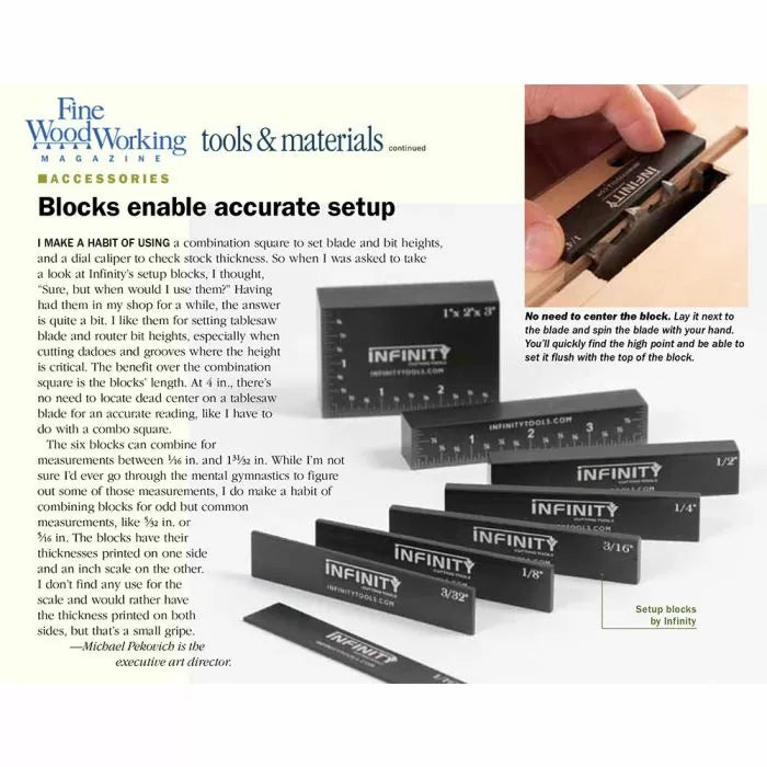 Infinity setup blocks for precise blade and bit height adjustment in woodworking shop.