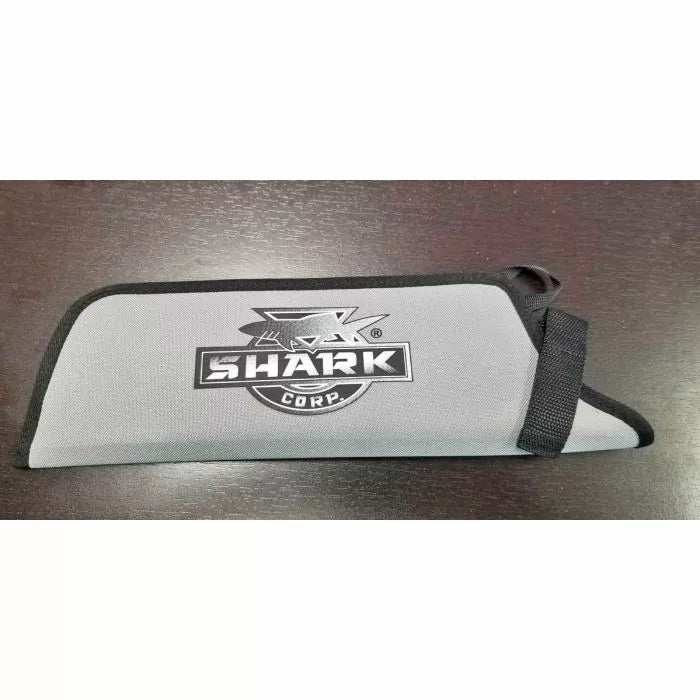 Gray Shark Corp saw sheath with black trim on dark wood surface, protective tool case.