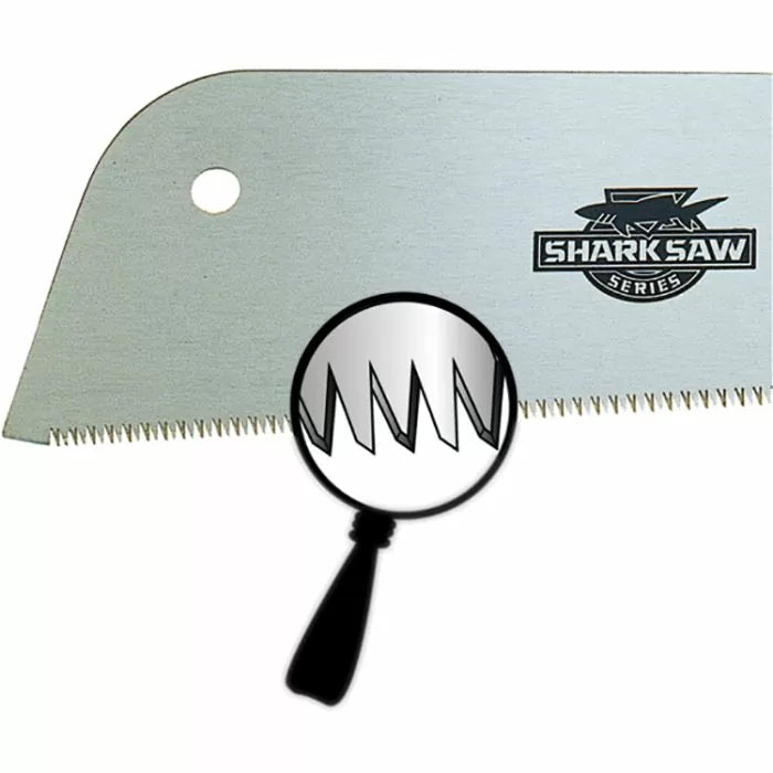 Close-up of Japanese pull saw blade with sharp teeth, logo, and magnified tooth detail
