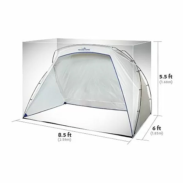 Spray shelter tent with dimensions labeled: 8.5 ft wide, 6 ft deep, 5.5 ft high.