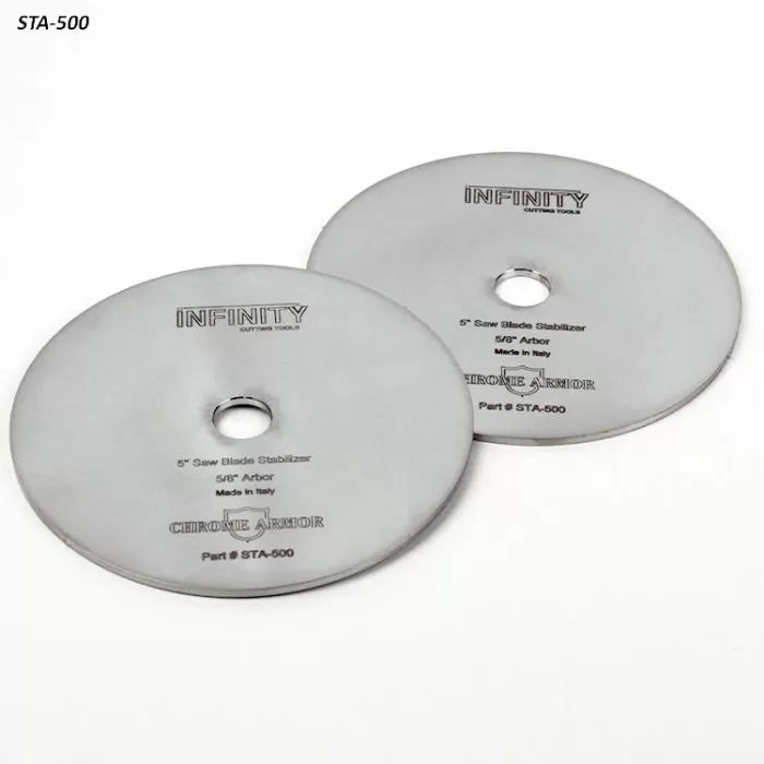 Pair of 5-inch saw blade stabilizers for 5/8" arbor, chrome finish, woodworking tool accessory