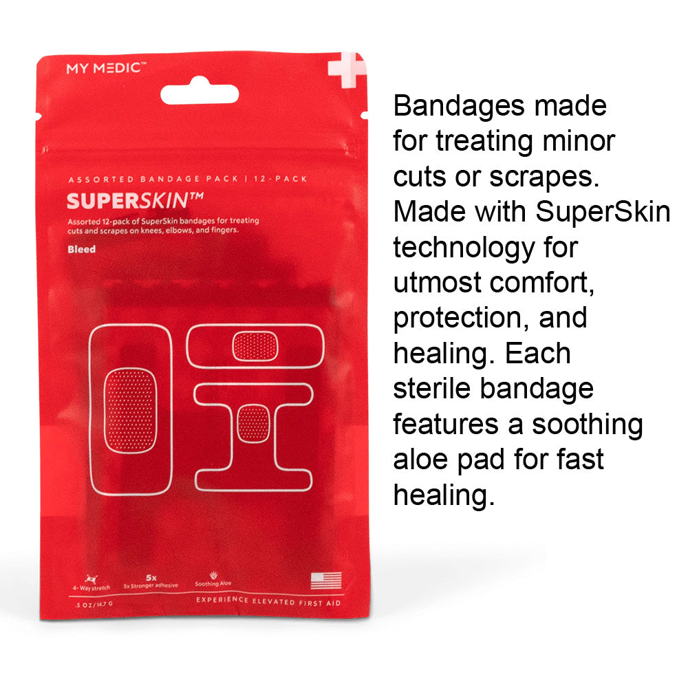 Red pouch of assorted SuperSkin bandages for minor cuts and scrapes, featuring aloe pad.