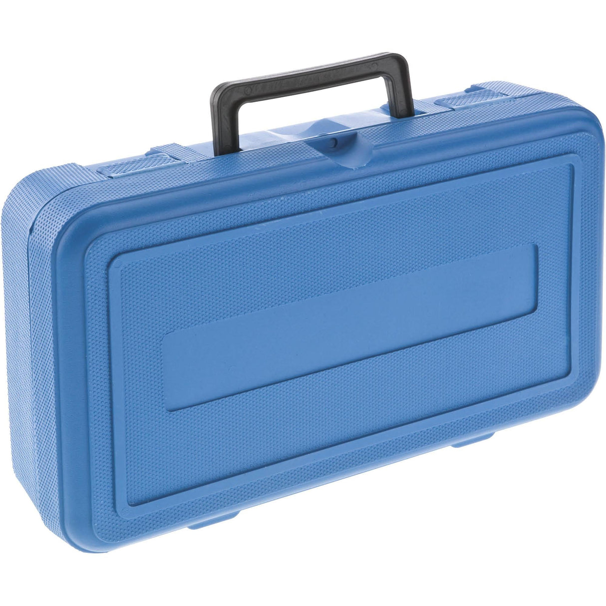 Blue plastic tool case with textured surface and black handle for woodworking accessories