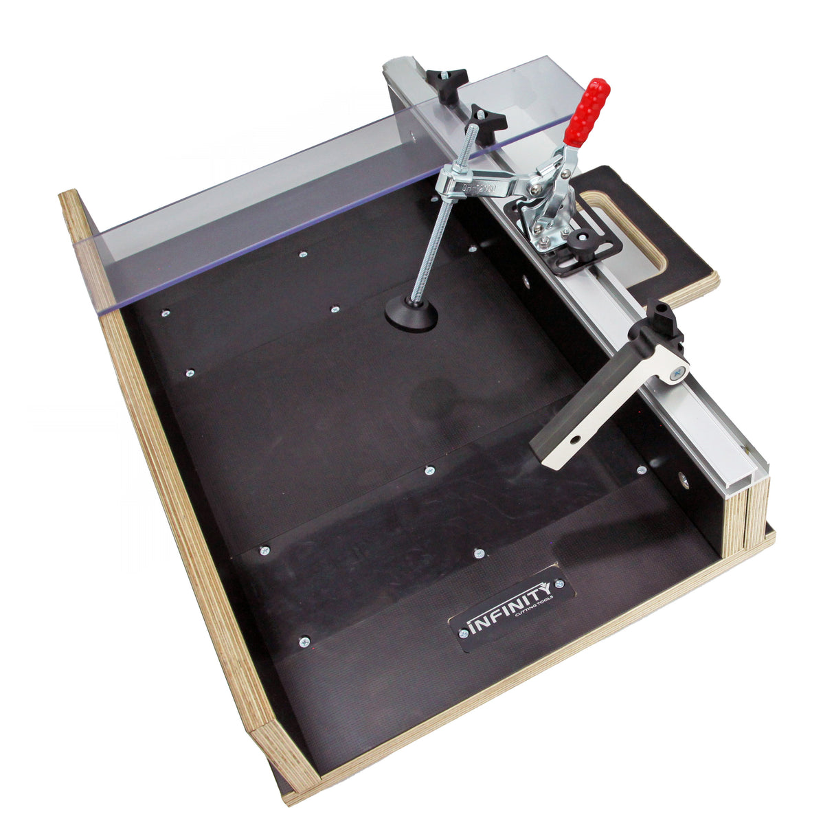Woodworking crosscut sled with adjustable fence, hold-down clamp, and clear blade guard
