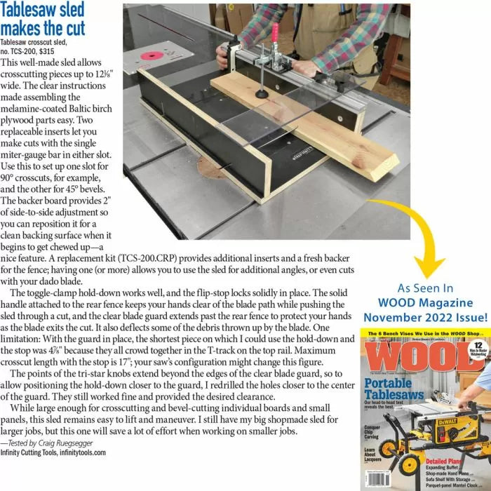 Tablesaw crosscut sled on a saw table with plywood, safety clamp, and miter gauge in use.