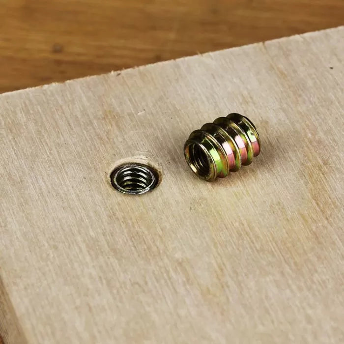 Threaded wood insert for woodworking on a plywood surface