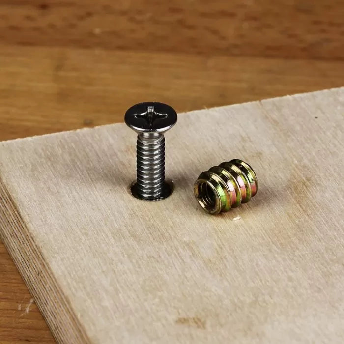 Threaded insert and screw for woodworking on plywood surface