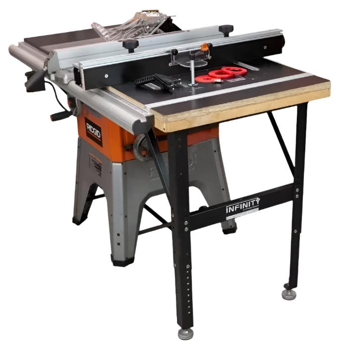 Table saw with attached router table station, fence system, and woodworking accessories