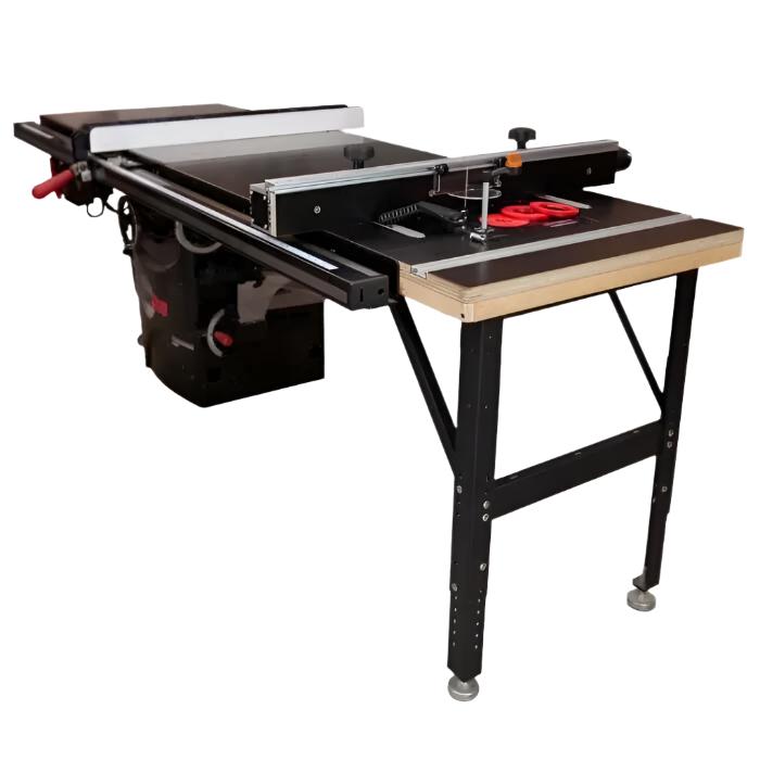 Woodworking router table with fence, extension, and sturdy metal legs for precise cutting