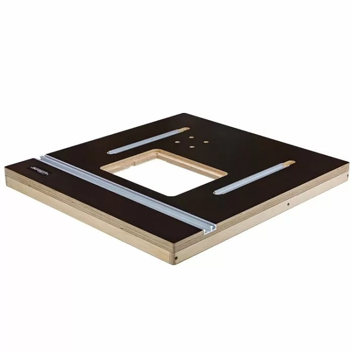 Router table top with T-tracks and central cutout for woodworking tools