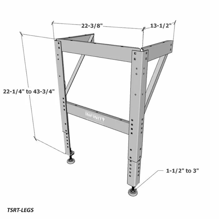 Adjustable steel router table stand with dimensions and leveling feet for woodworking shop setup