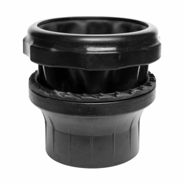 Black plastic dust collection hose adapter fitting for woodworking tools