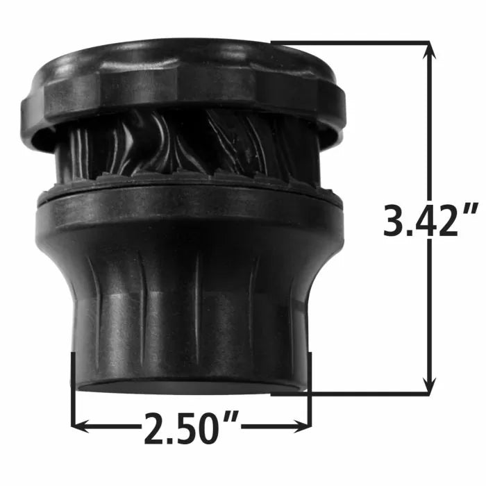 Black plastic dust collection adapter with 2.5 inch diameter and 3.42 inch height, woodworking accessory