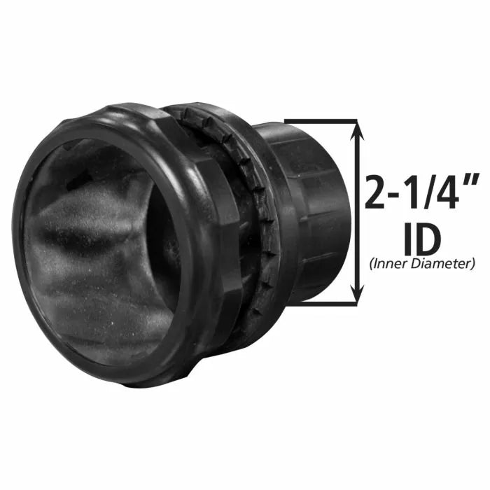 Black dust collection hose adapter with 2-1/4 inch inner diameter measurement label