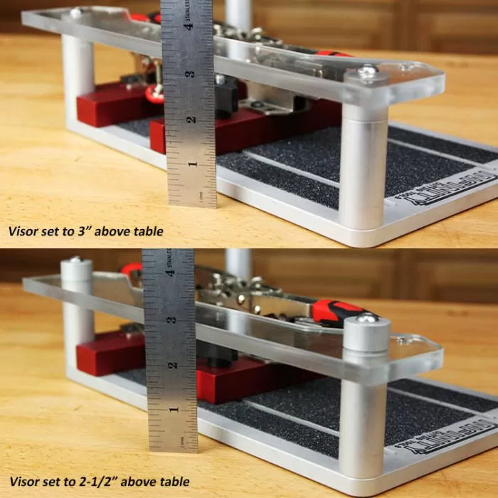 Woodworking jig with adjustable visor height shown at 3 inches and 2.5 inches using a ruler