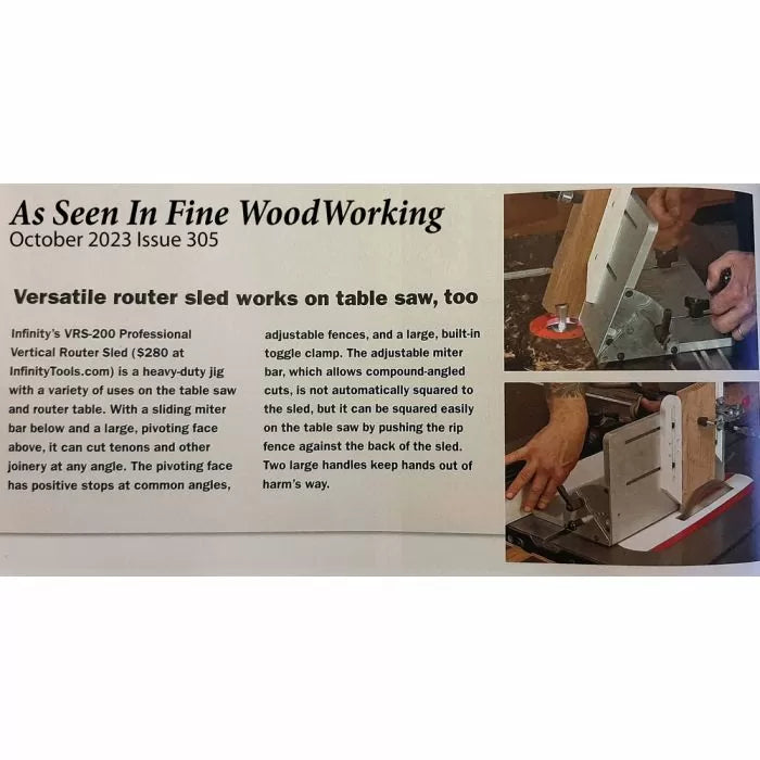 Professional vertical router sled in use on a table saw, featured in woodworking magazine.