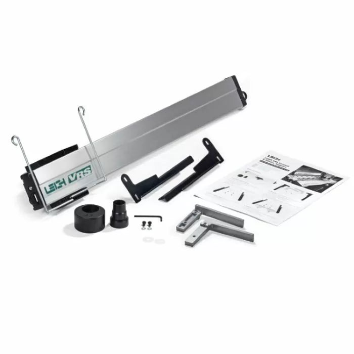 Woodworking dust collection kit with aluminum rail, mounting brackets, fittings, and instructions