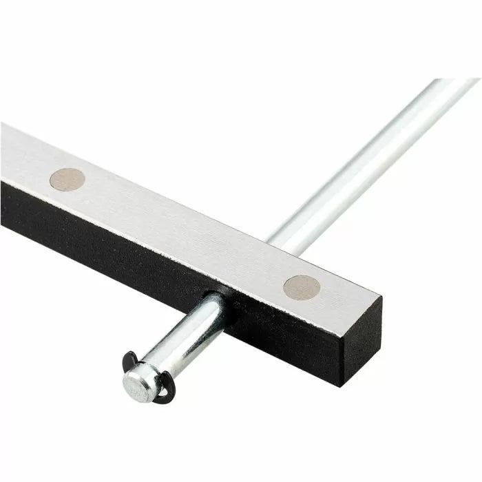 Close-up of woodworking jig guide bar with metal rod and magnetic strip for precise alignment