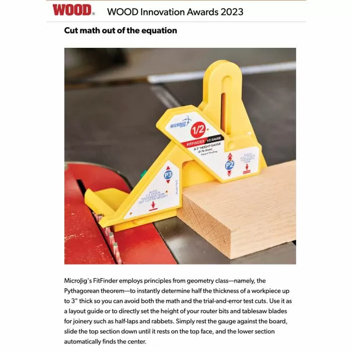 Yellow woodworking gauge measuring board thickness on table saw for precise cutting.