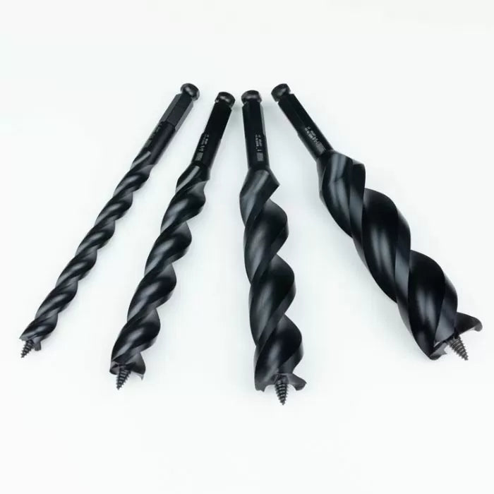 Set of four black wood auger drill bits for woodworking on white background