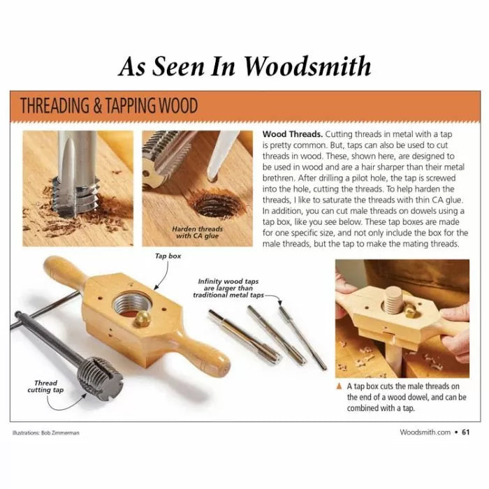 Wood thread cutting taps, tap box, and dowel threading process for woodworking projects.